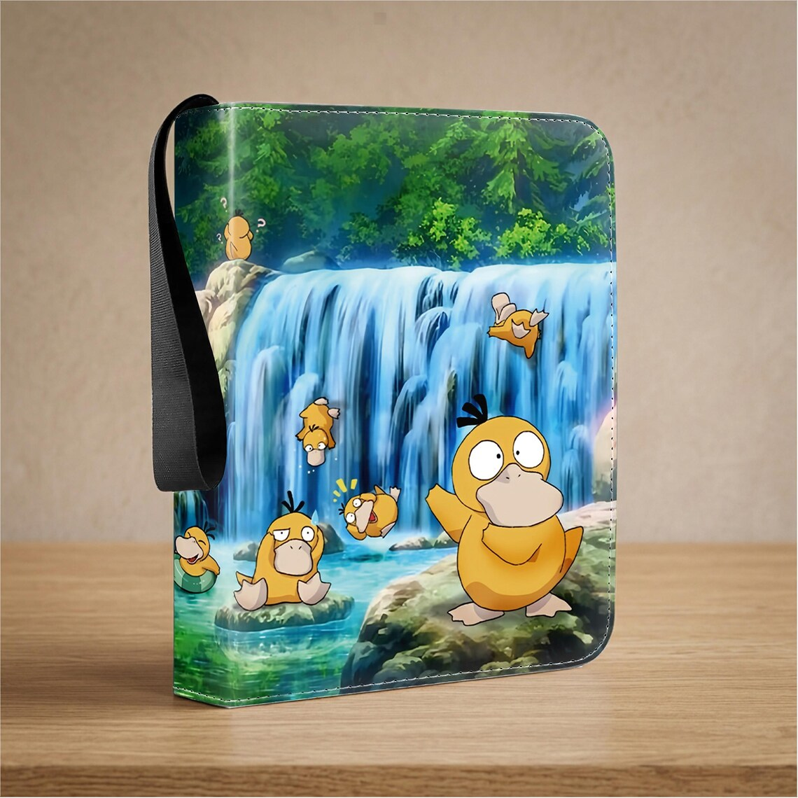 Psyduck playing around a forest waterfall — design concept